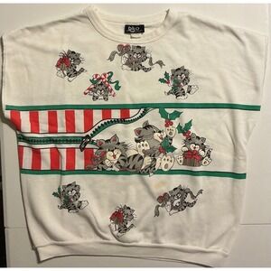 VTG USA Made Bijo New York White Christmas Cats AOP Sweatshirt Zipper Womens XL